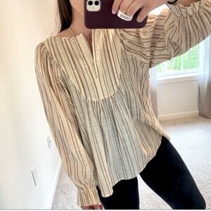 Elizabeth and James Women’s Cream and Maroon Stitch Puff Sleeve Blouse NWT